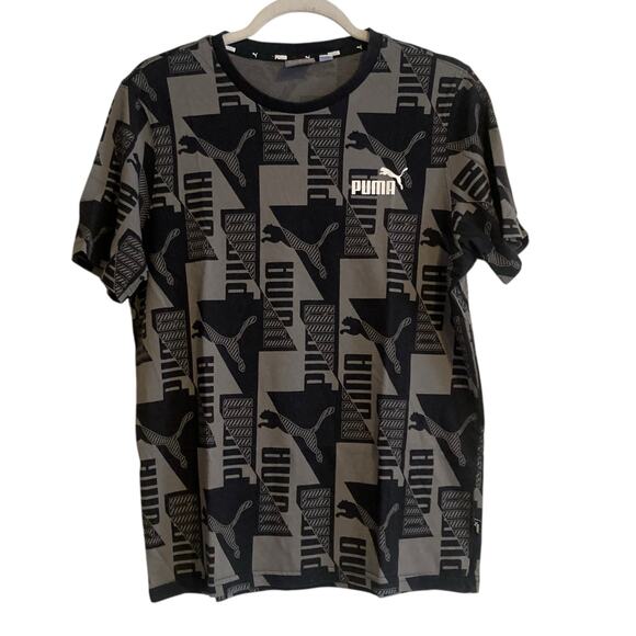 Puma Black Gray Power AOP All Over Print Logo Regular Fit T Shirt Size Medium - Picture 1 of 16